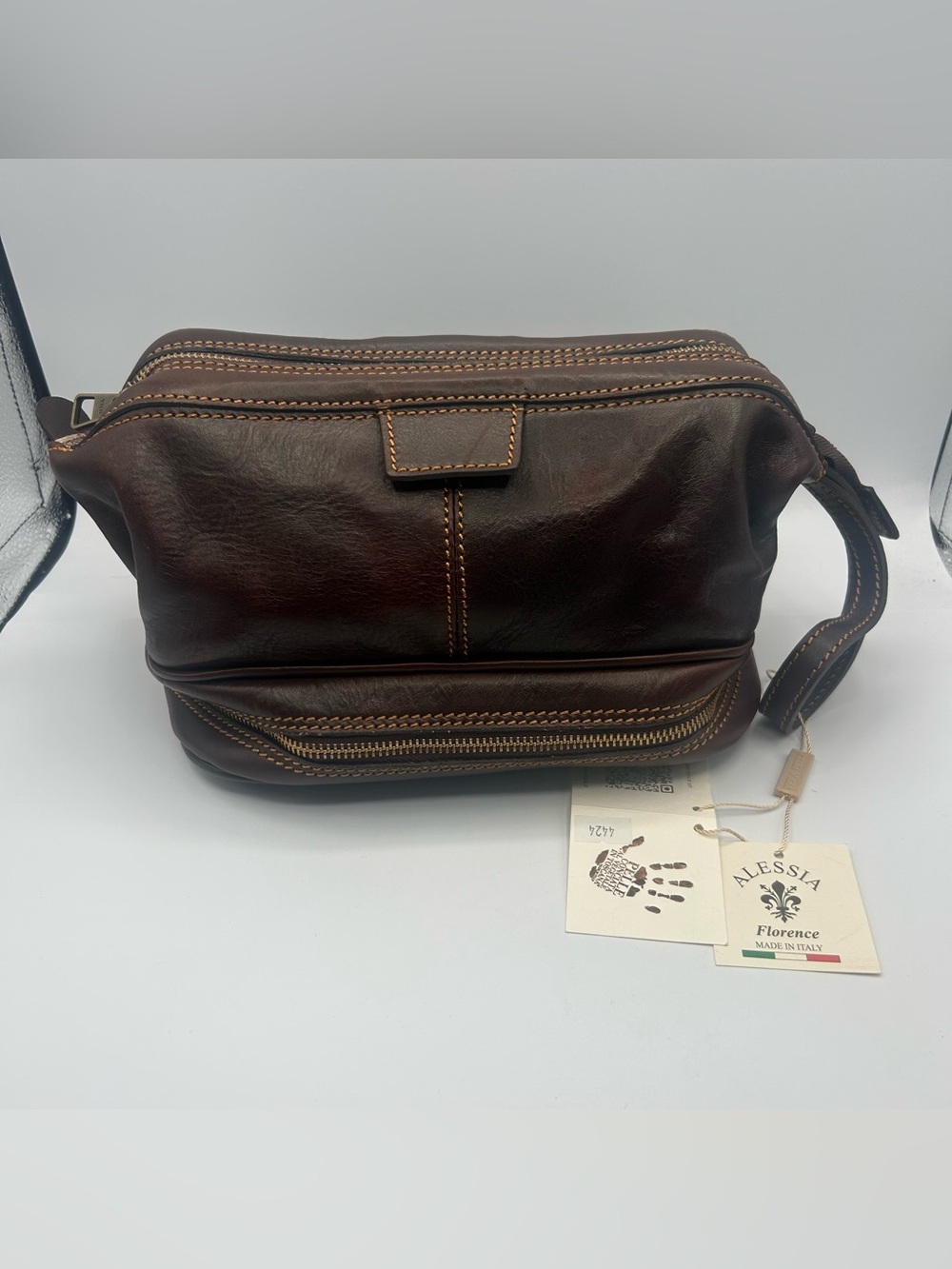 Alessia Florence Italy Leather Toiletry Bag Dual Compartment Cognac Travel Case
